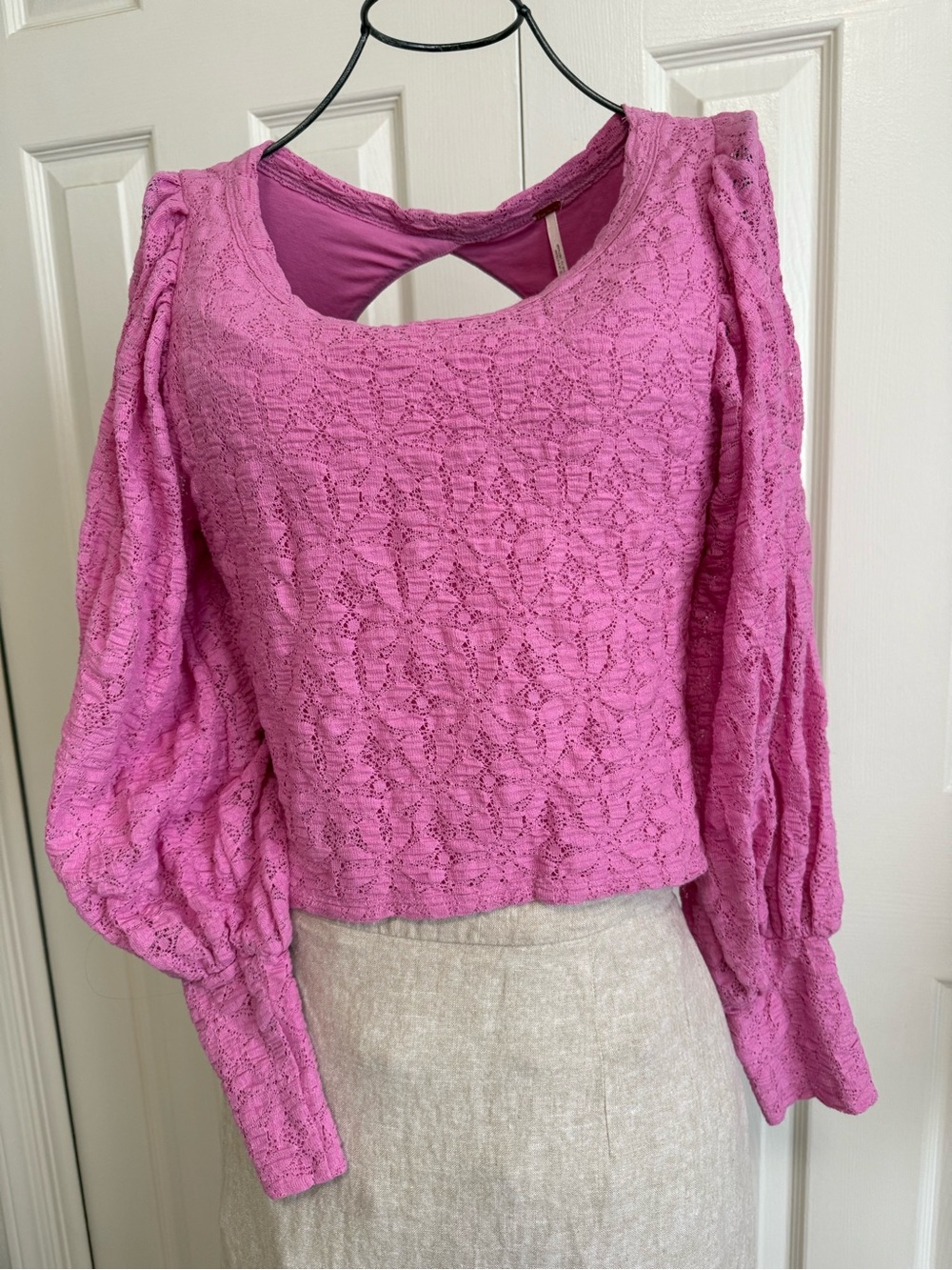 Free People Pink Lace Balloon-Sleeve Cropped Top open back romantic BoHo. S